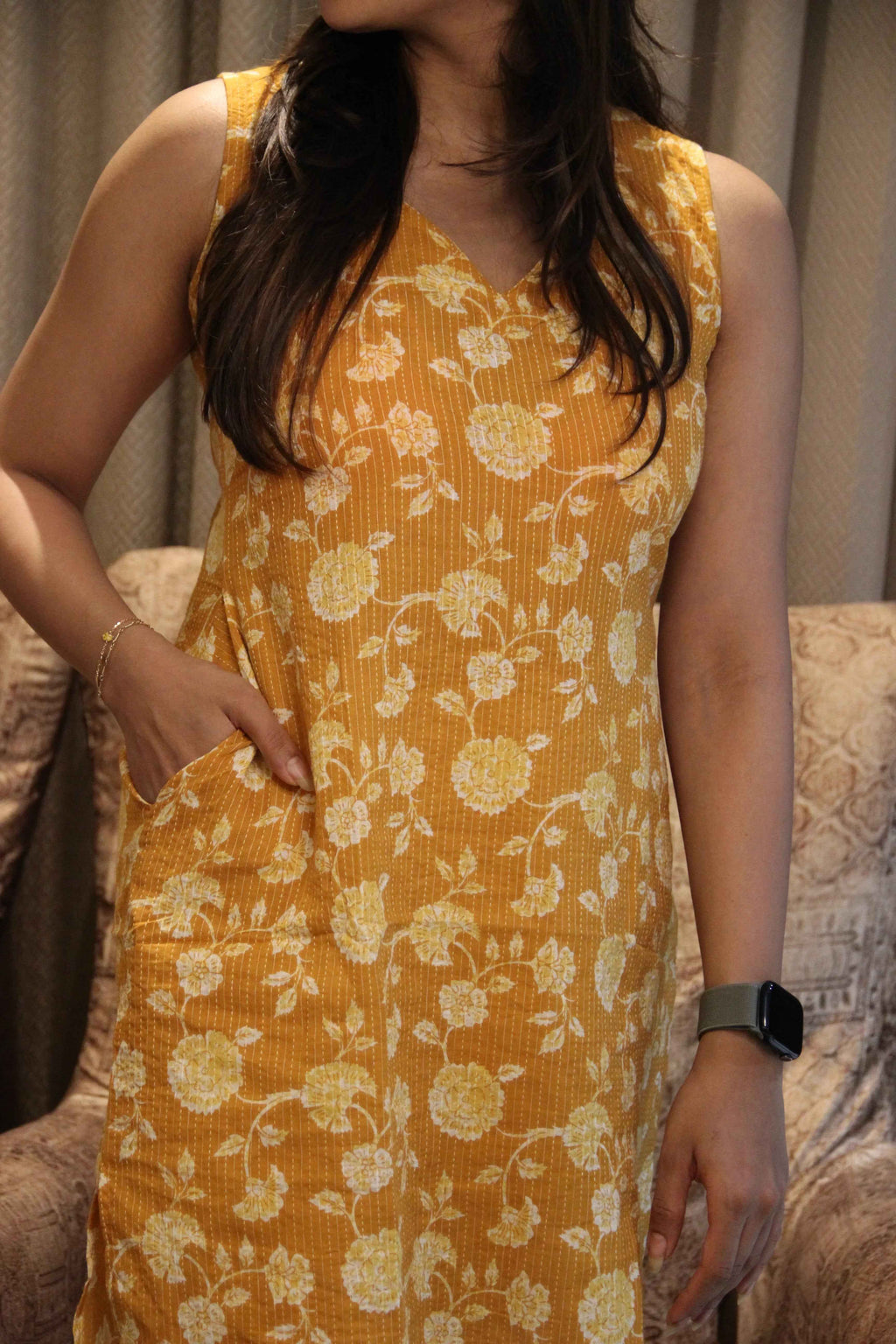 Simran - Mustard Yellow Floral Sleeveless Kurti (With Pockets)